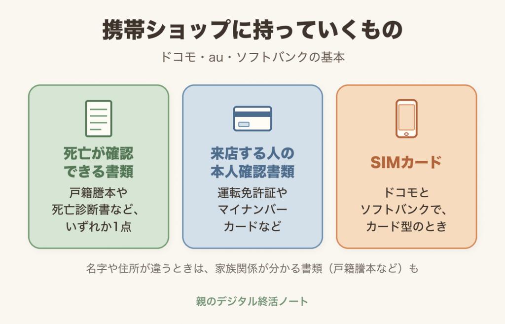 携帯ショップに持っていくもの(死亡が確認できる書類、来店する人の本人確認書類、ドコモとソフトバンクでカード型を使っているときはSIMカード)
