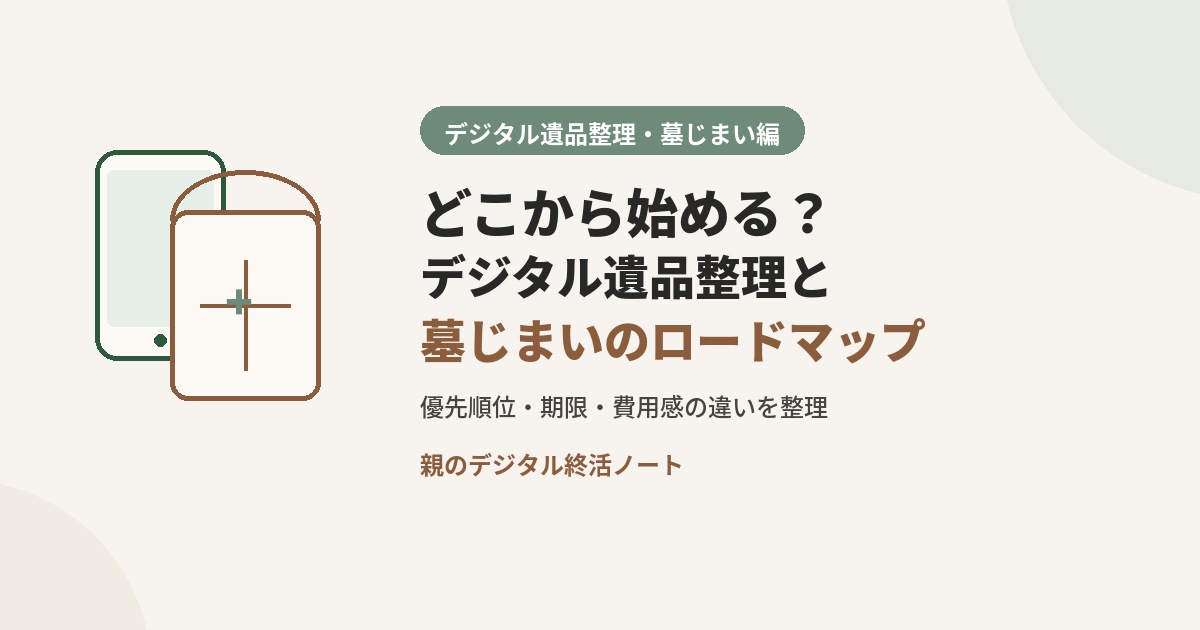 デジタル遺品整理と墓じまいのロードマップを伝えるアイキャッチ 親のデジタル終活ノート