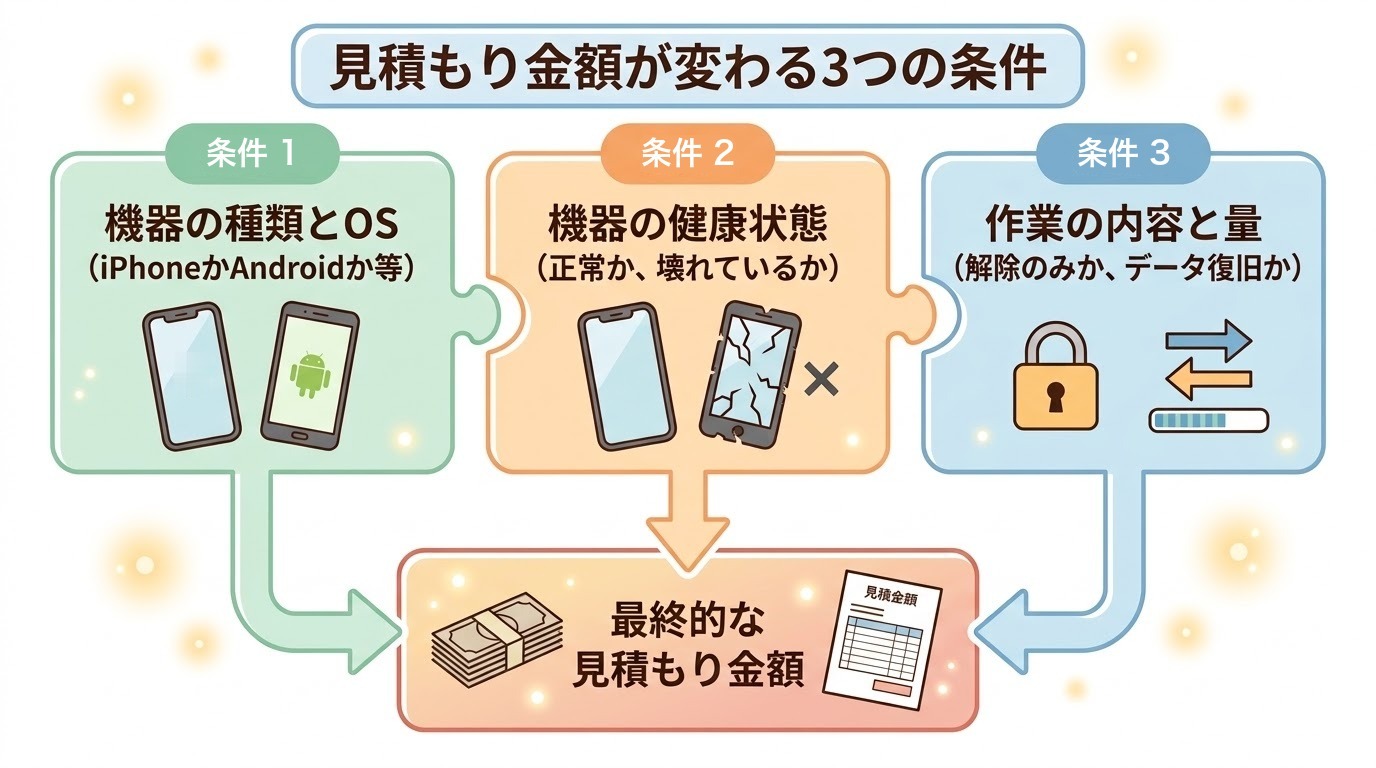 見積もり金額が変わる3つの条件。条件1は機器の種類とOS(iPhoneかAndroidかなど)、条件2は機器の状態(正常か壊れているか)、条件3は作業の内容と量(解除のみかデータ復旧か)。この3つで最終的な見積もり金額が決まる