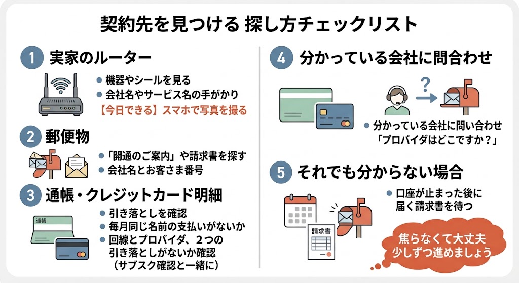 契約先を見つける探し方チェックリスト。実家のルーター、郵便物、通帳・クレジットカード明細、分かっている会社への問い合わせ、それでも分からない場合は口座が止まった後に届く請求書を待つ