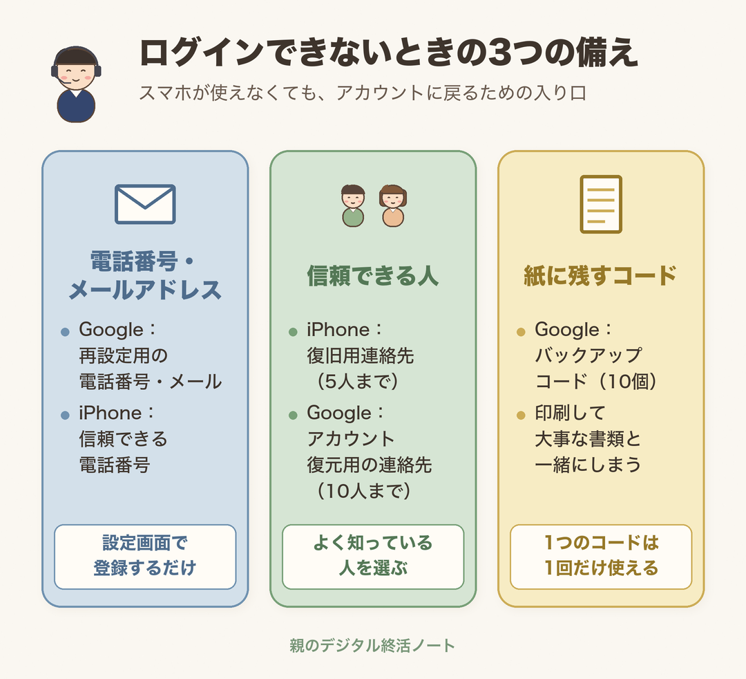 ログインできないときの3つの備え。電話番号・メールアドレス、信頼できる人(iPhoneの復旧用連絡先、Googleのアカウント復元用の連絡先)、紙に残すバックアップコード