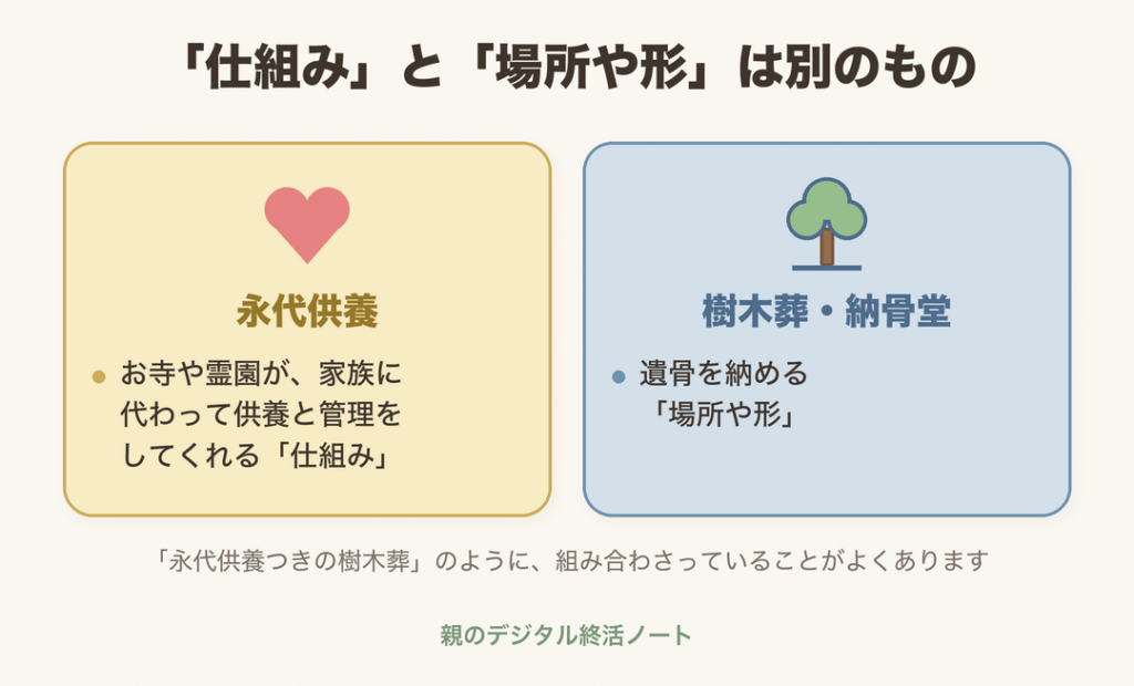 永代供養は供養と管理を任せる仕組み、樹木葬・納骨堂は遺骨を納める場所や形