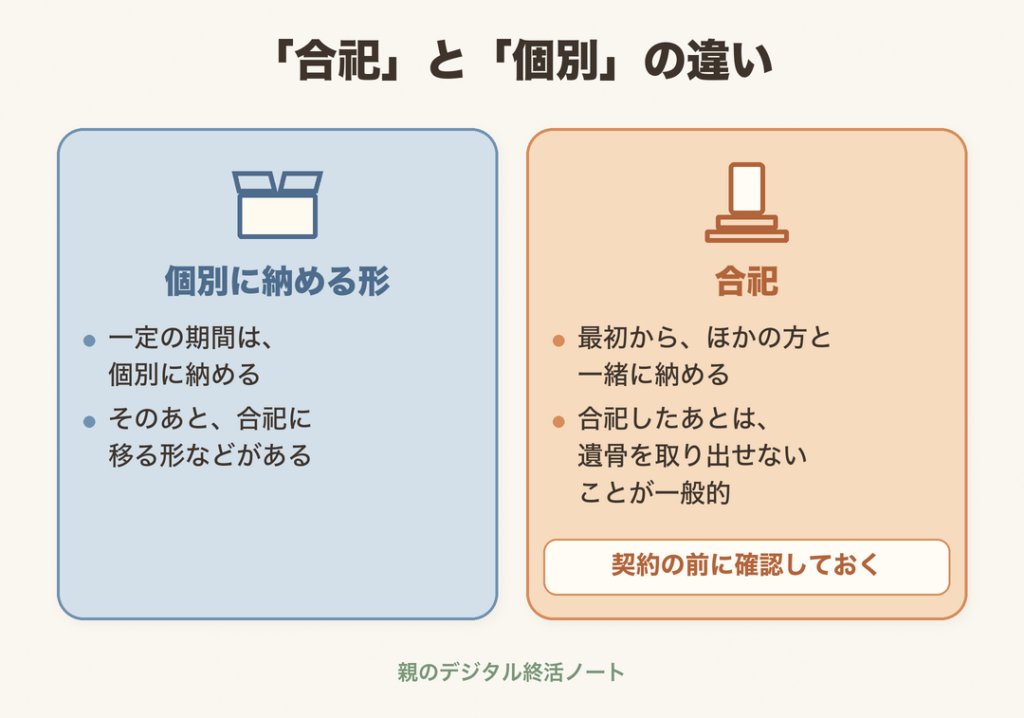合祀と個別に納める形の違い。合祀したあとは遺骨を取り出せないことが一般的