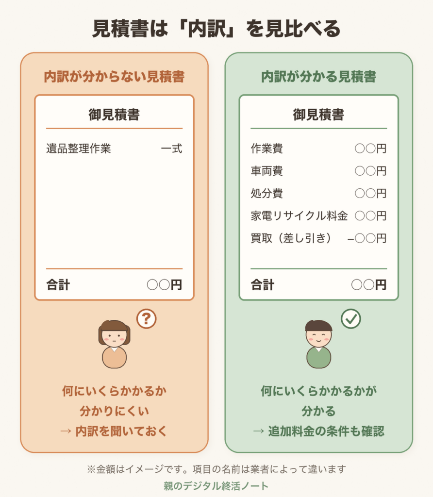 見積書は内訳を見比べる(一式だけで内訳が分からない見積書と、作業費・車両費・処分費・家電リサイクル料金・買取の差し引きが分かる見積書の比較。金額はイメージ)