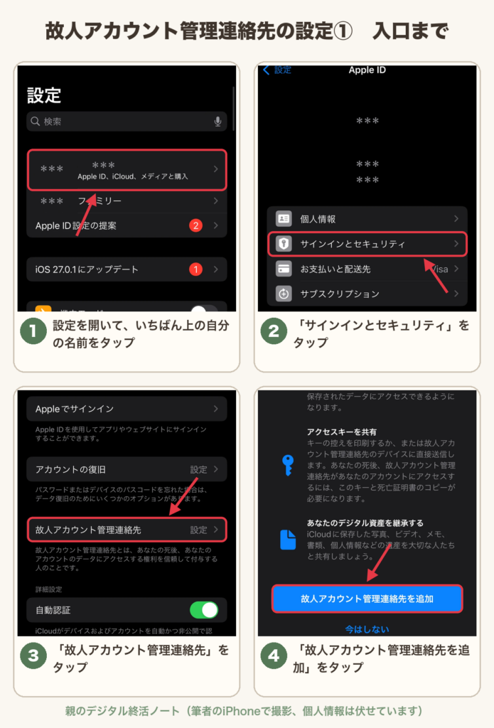 故人アカウント管理連絡先の設定手順①(設定→名前→サインインとセキュリティ→故人アカウント管理連絡先→追加)